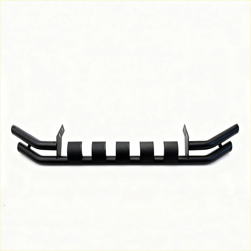 Black metal rear bumper guard with five rectangular slots and curved end caps for volkswagen amarok 2023+