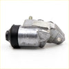 Silver metal lower lh wheel brake cylinder with black rubber seal and assab branding for datsun nissan trucks