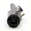 Silver metal lower lh wheel brake cylinder with black rubber seals and a threaded bolt for datsun nissan 520 series