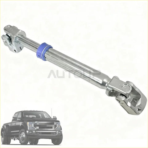 Silver metallic universal joint lower steering shaft for ford super duty f250 secured with blue rubber band