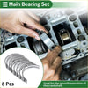 Set of eight silver metallic main engine bearings with smooth curved design for toyota tundra crankshaft support
