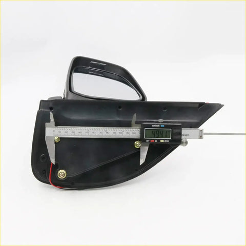 Black plastic manual door mirror housing with led for nissan navara pathfinder 2004-2014 shown from back with caliper measurement