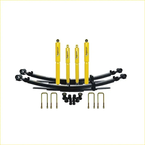 Set of four bright yellow dobinsons twin tube shock absorbers with black leaf springs for mazda bt-50 series i back side