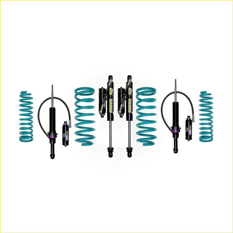 Teal coilover suspension kit with black shocks and purple accents for mitsubishi pajero nm-nx swb dobinsons from 2000 on