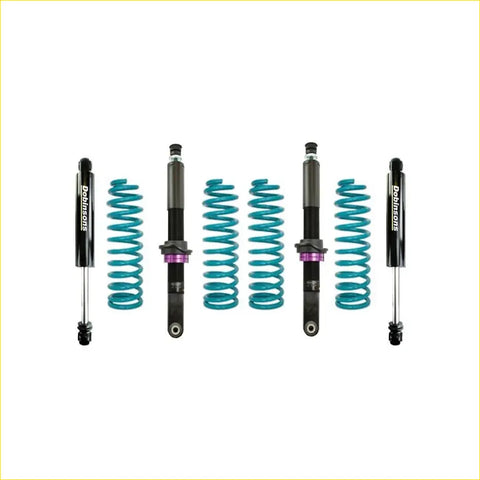 Set of four teal coilover suspension kits with black and purple dobinsons components for mitsubishi pajero sport 2016 on