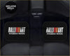 Black rectangular Mitsubishi ralliart custom print floor mats with white logo and red yellow stripes for cars