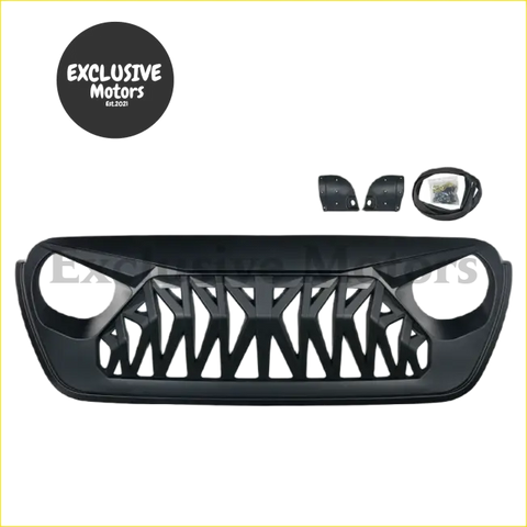 Modified grill for jeep wrangler jl 2018-2020 black matte finish with aggressive tooth-like cutouts and matching brackets