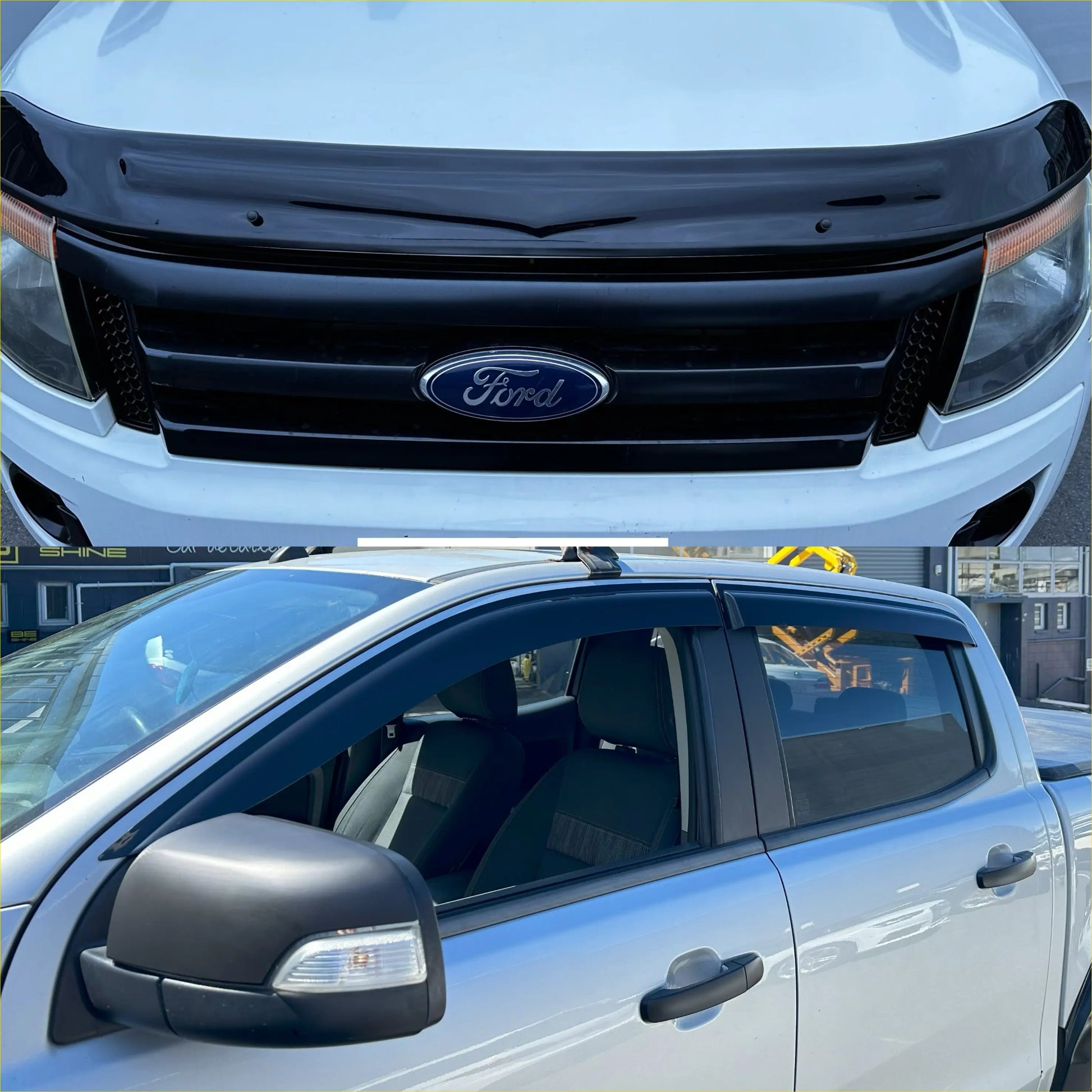 Black plastic front grille with ford emblem and matching black window visors on white ford ranger px1 2012-2015