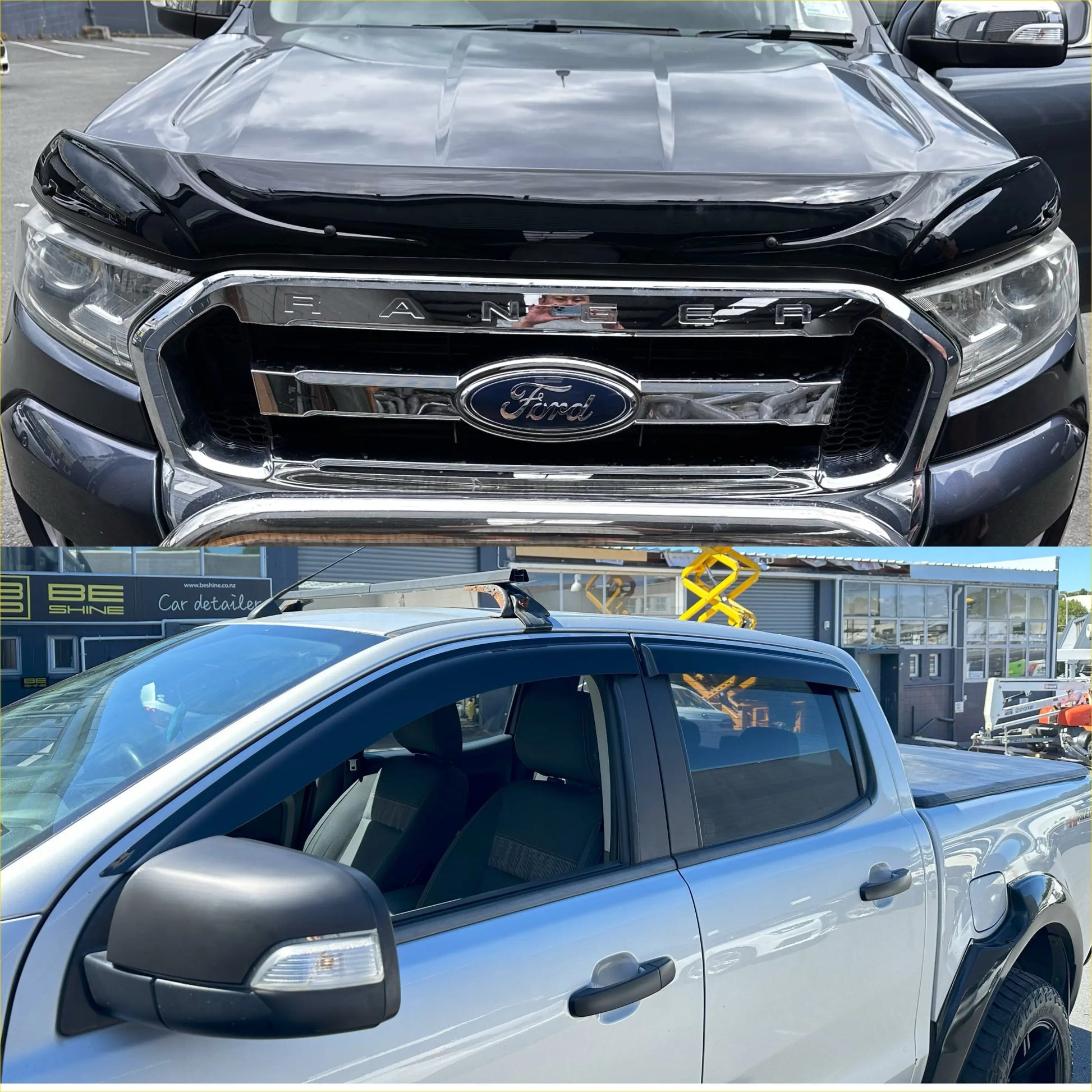 Black ford ranger px2 px3 with chrome grille and emblem featuring monsoon and bonnet guard aftermarket style