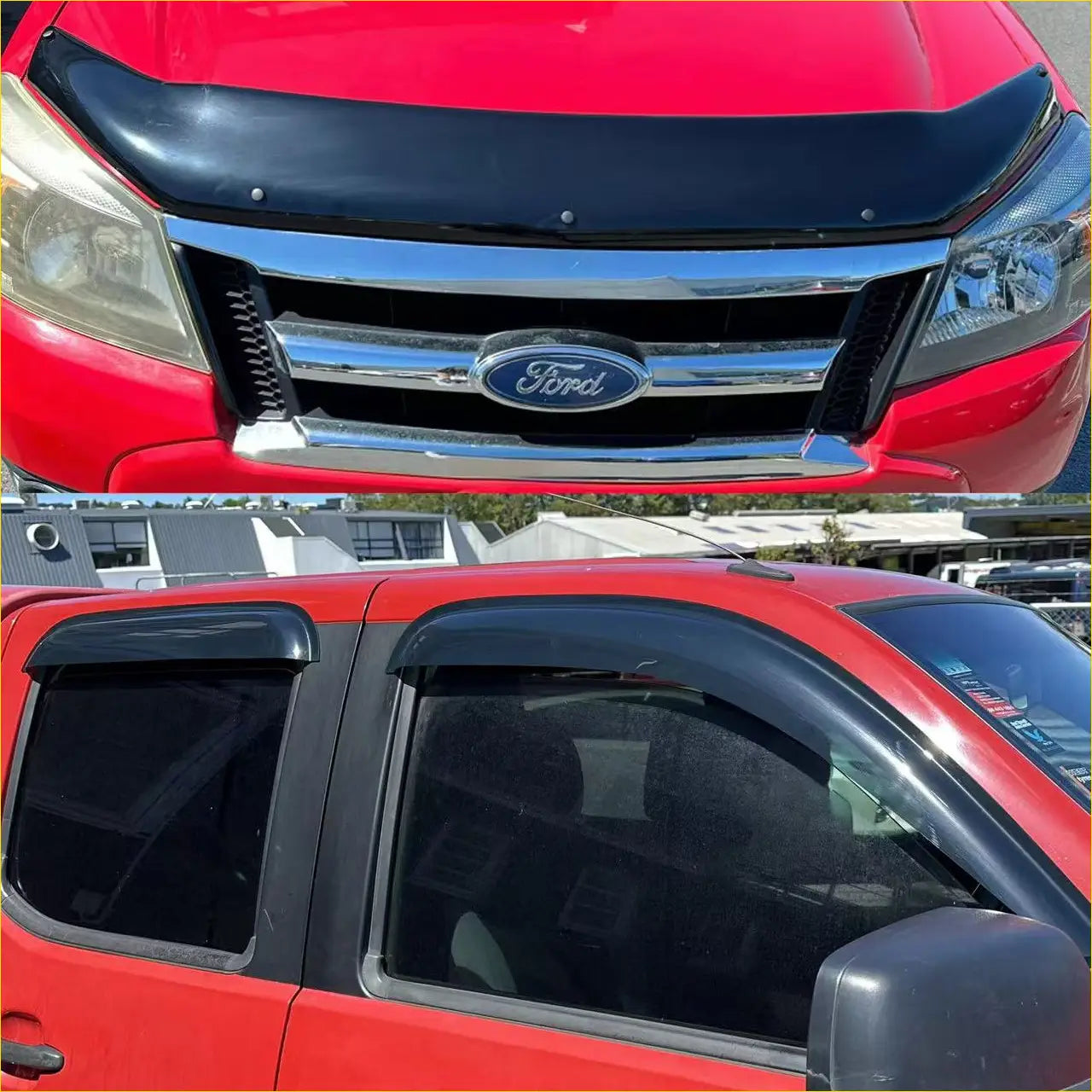 Black plastic front bumper protector and side window visors for red ford ranger pk 2008-2011 monsoon and bonnet guard