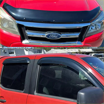 Black plastic front bumper protector and side window visors for red ford ranger pk 2008-2011 monsoon and bonnet guard