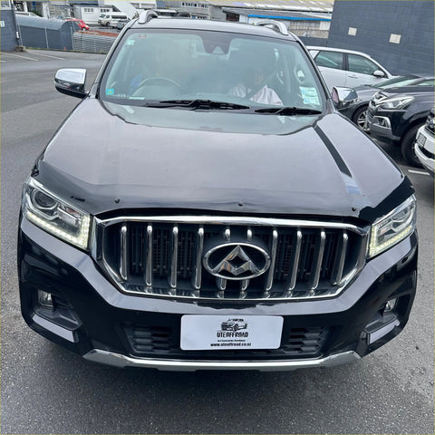 Black suv with chrome grille and emblem featuring sleek headlights and rugged front bumper monsoon bonnet guard ldv t60 maxus 2017 2020