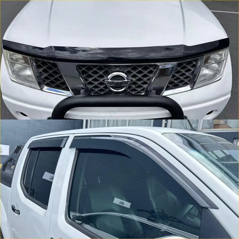 Black plastic front bumper guard and window visors for white nissan navara d40 2005-2015 pickup truck
