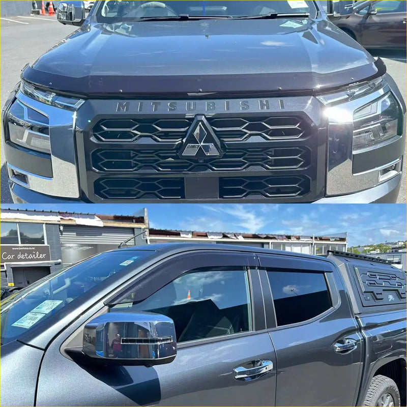 Dark gray metallic mitsubishi triton 2024 with monsoon and bonnet guard featuring black honeycomb grille and chrome accents