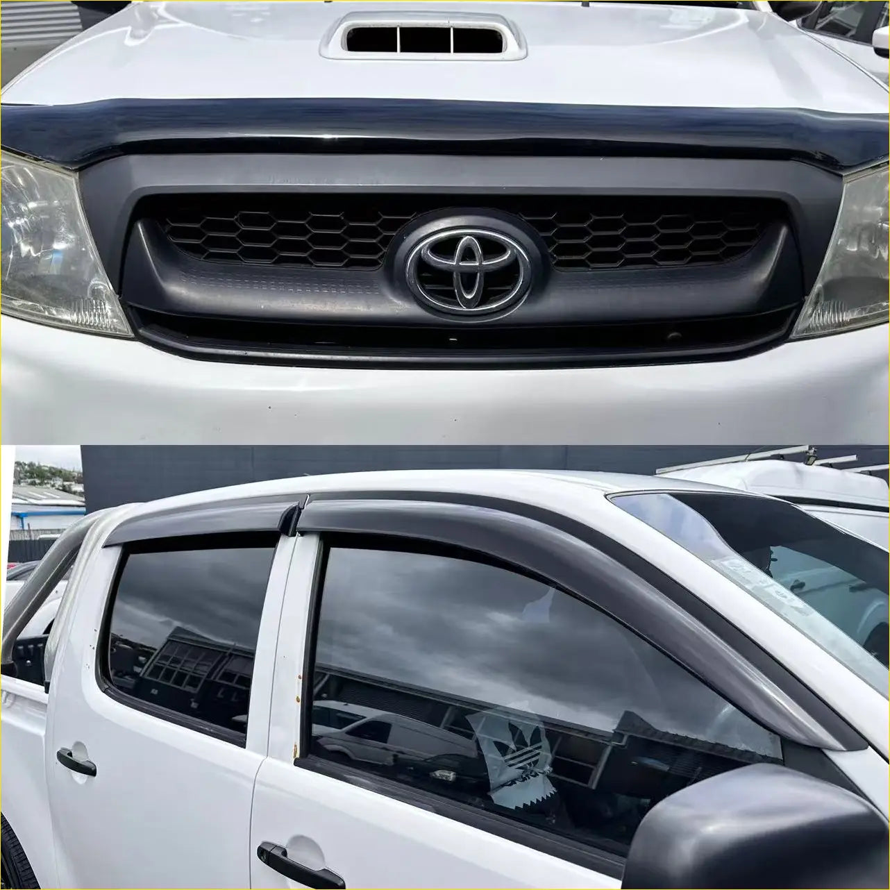 Black plastic front grille with chrome toyota emblem and black window visors on white toyota hilux 2005-2012 pickup
