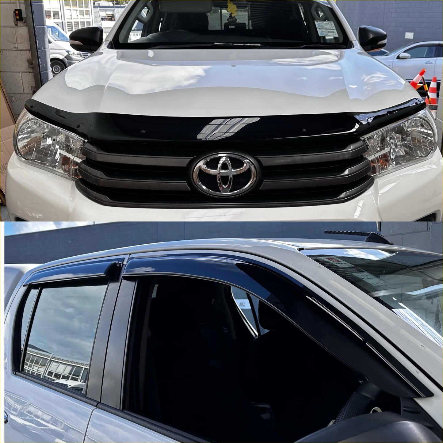 Black plastic window visors with glossy finish and sleek curved design for monsoon and bonnet guard toyota hilux 2015-2020