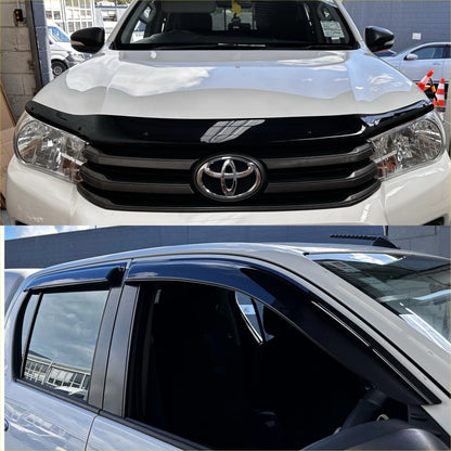 Black plastic window visors with glossy finish and sleek curved design for monsoon and bonnet guard toyota hilux 2015-2020