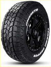 Black rubber monsta terrain gripper at tire with deep tread and white lettering mounted on black alloy wheel