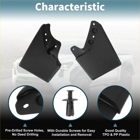 Black plastic mud flaps with pre-drilled holes and screws for easy no-drill installation on 2024-2025 toyota tacoma
