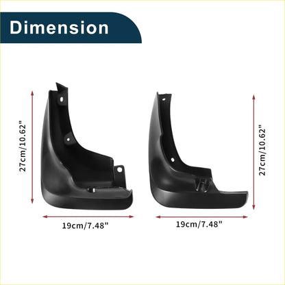 Black plastic mud flaps splash guards set with dimensions for Toyota Carina E Corona 1992-1997 shown in a pair