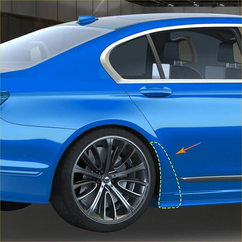 Bright blue bmw sedan with sleek metallic paint and alloy wheels shown alongside black mudguard fender kit for toyota highlander
