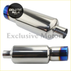 Shiny chrome stainless steel muffler tip with blue and purple flame finish on the end cap universal fit