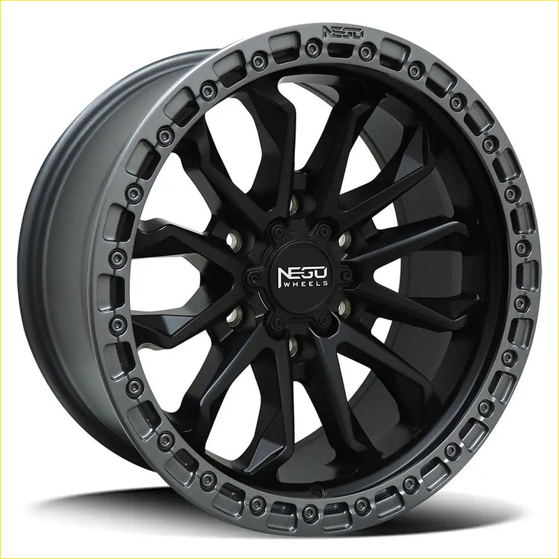 Neguno9 17x8.5 alloy rim in satin black face with gunmetal lip featuring rugged two-tone multi-spoke design