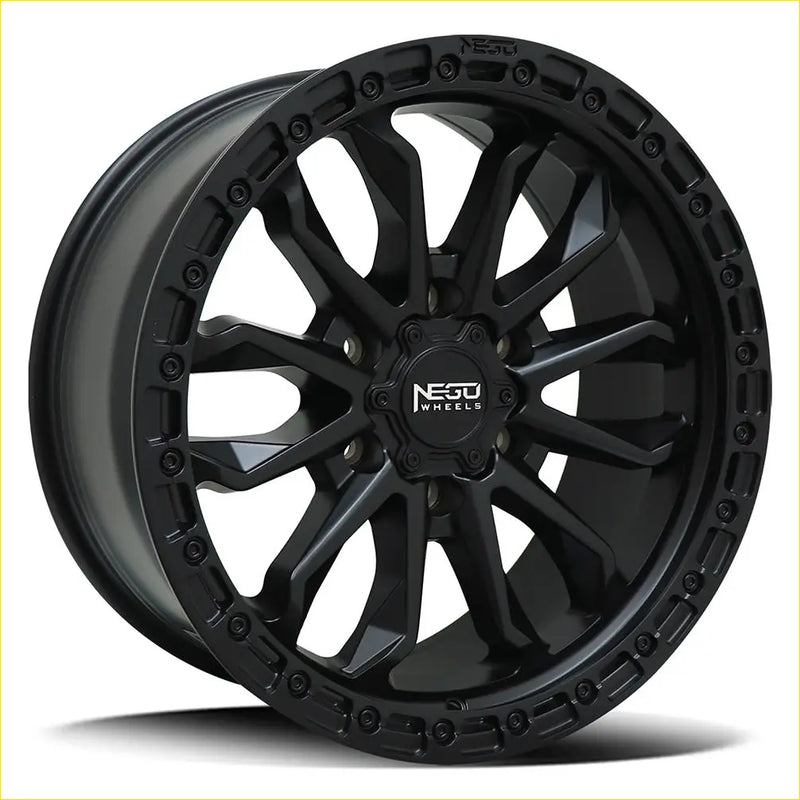 Negro no9 black matte alloy wheel with rugged multi-spoke design and integrated lug nut caps in 17x8.5 size