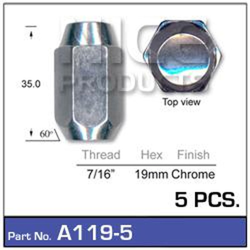 Nice Wheel Nut 7/16" Chrome (5 Pack) A119-5