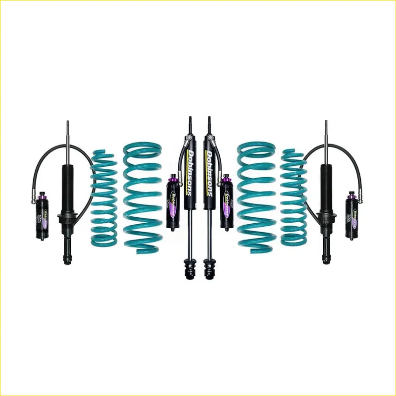 Teal coilover suspension kit with black shocks and purple accents for nissan navara d23 np300 dobinsons monotube remote