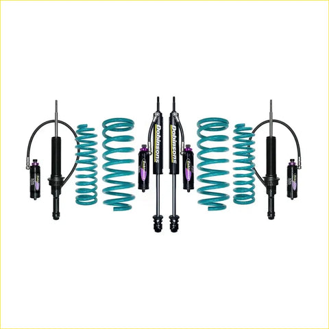 Teal coilover suspension kit with black shocks and purple accents for nissan navara d23 np300 dobinsons monotube remote