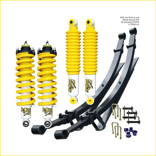 Yellow and black raw nitro 4x4 lift kit components for nissan navara d40 2005-2015 back side view