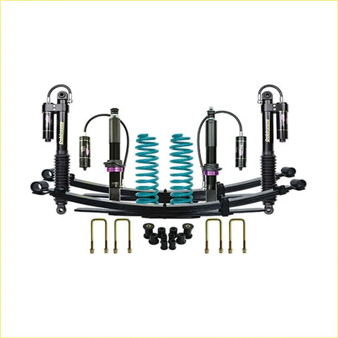 Black and teal coilover suspension kit with purple accents for nissan navara frontier d40 dobinsons monotube remote