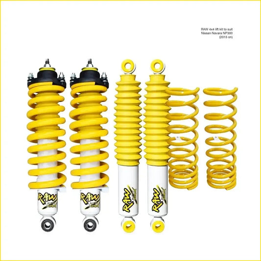 Bright yellow coil springs and white shock absorbers for nissan navara np300 d23 raw nitro 4x4 lift kit