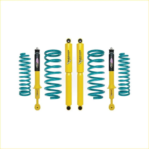 Yellow and teal coilover suspension kit with black branded shocks for nissan pathfinder r51 ti 550 diesel 3.0l tdi
