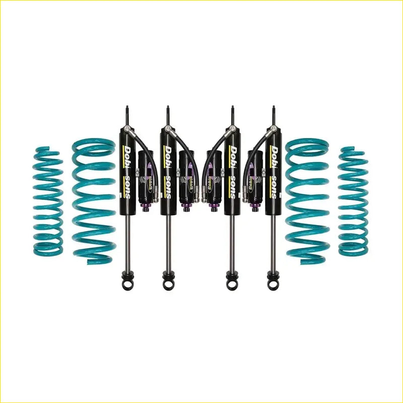 Set of four black dobl soms shocks with teal coil springs for nissan patrol y60 gq y61 gu from 1987 to 1998