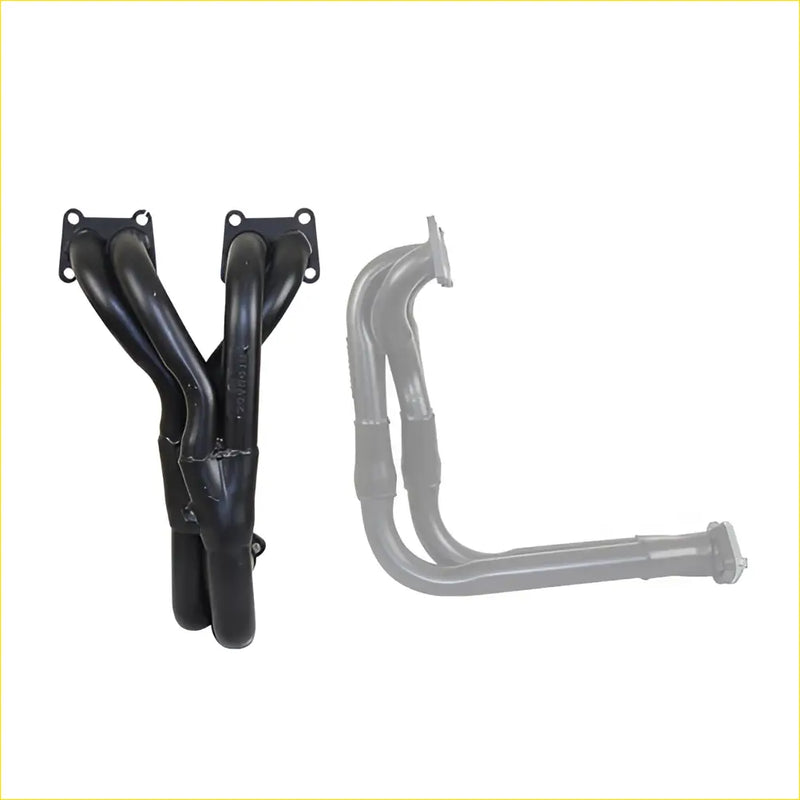 Black painted metal exhaust manifold and mandrel bent header set for nissan pulsar n14 1.6l dohc efi back side view