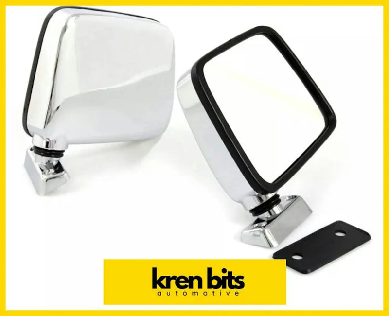 Pair of chrome finished nissan safari gq side mirrors with black rubber trim and sturdy mounting brackets