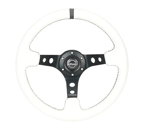 NRG NRG Reinforced Steering Wheel (350mm/3in. Deep) White Leather w/Blk Spoke/Round Holes/White Stripes