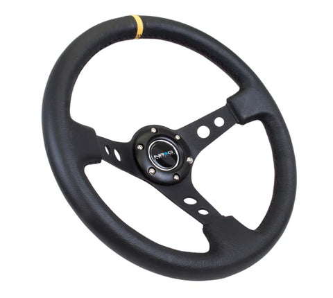 NRG NRG Reinforced Steering Wheel (350mm / 3in. Deep) Blk Leather w/Blk Cutout Spoke/Yellow Center Mark