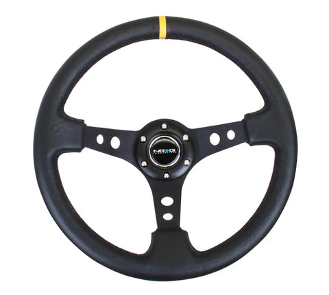 NRG NRG Reinforced Steering Wheel (350mm / 3in. Deep) Blk Leather w/Blk Cutout Spoke/Yellow Center Mark