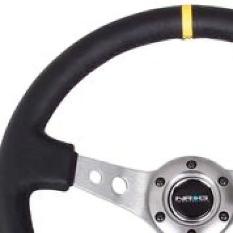 NRG NRG Reinforced Steering Wheel (350mm / 3in. Deep) Blk Leather w/Gunmetal Cutout Spoke & Yellow CM