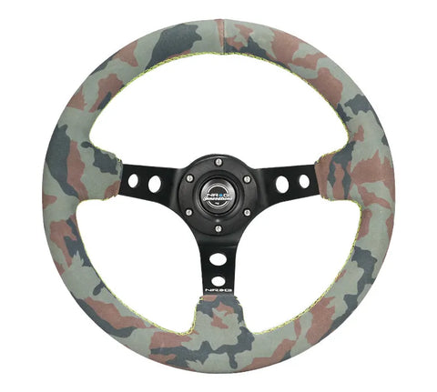 NRG NRG Reinforced Steering Wheel (350mm / 3in. Deep) Camo Suede Mark w/ Neon Grn stitching & Blk Spoke