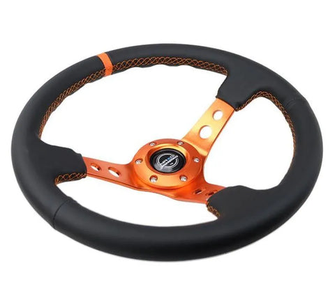 NRG NRG Reinforce Steering Wheel (350mm / 3in. Deep) Blk Leather, Orange Center Mark w/ Orange Stitching