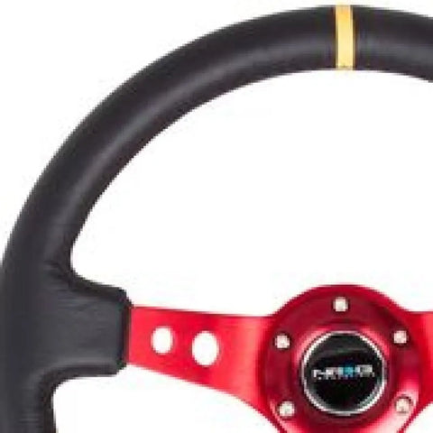NRG NRG Reinforced Steering Wheel (350mm / 3in. Deep) Blk Leather w/Red Spokes & Sgl Yellow Center Mark