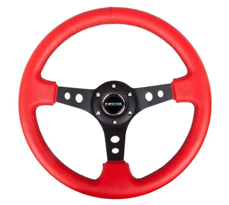 NRG NRG Reinforced Steering Wheel (350mm / 3in. Deep) Red Leather/Blk Stitch w/Blk Spokes (Hole Cutouts)