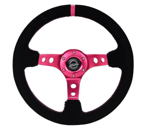 NRG NRG Reinforced Steering Wheel (350mm/ 3in. Deep) Black Suede/ Fushia Center Mark/ Fushia Stitching