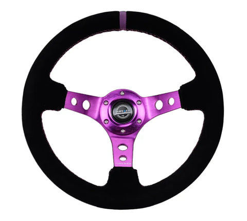 NRG NRG Reinforced Steering Wheel (350mm / 3in. Deep) Black Suede w/Purple Center & Purple Stitching