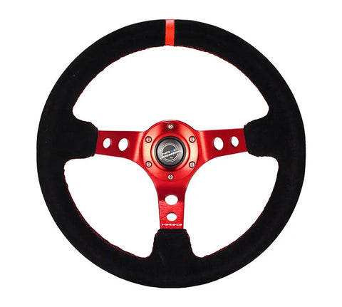 NRG NRG Reinforced Steering Wheel (350mm / 3in. Deep) Blk Leather/Red Stitch w/Red Spoke