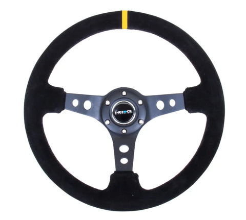 NRG NRG Reinforced Steering Wheel (350mm / 3in. Deep) Blk Suede w/Circle Cut Spokes & Single Yellow CM